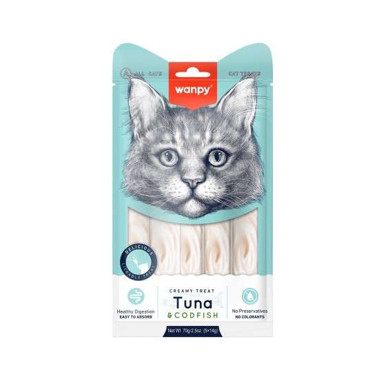 Wanpy Creamy Tuna and cod 5 x 14 г - премиум клас кремообразно лакомство