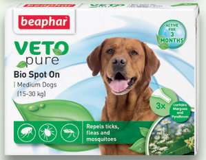 BEAPHAR VETO PURE SPOT ON - ПРОТИВОПАРАЗИТНА ПИПЕТА ЗА КУЧЕТА ОТ СРЕДНИ ПОРОДИ 3бр.
