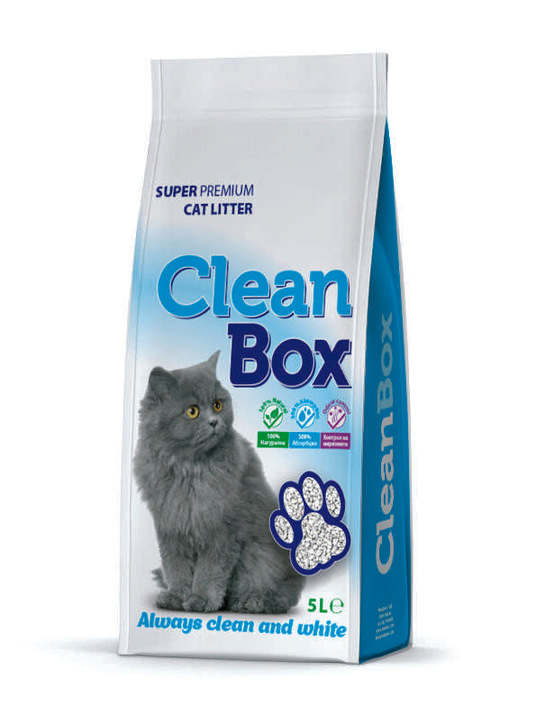 CLEAN BOX SUPER PREMIUM - ПОСТЕЛКА ЗА КОТЕШКА ТОАЛЕТНА, ФИН БЯЛ БЕНТОНИТ, 5л.