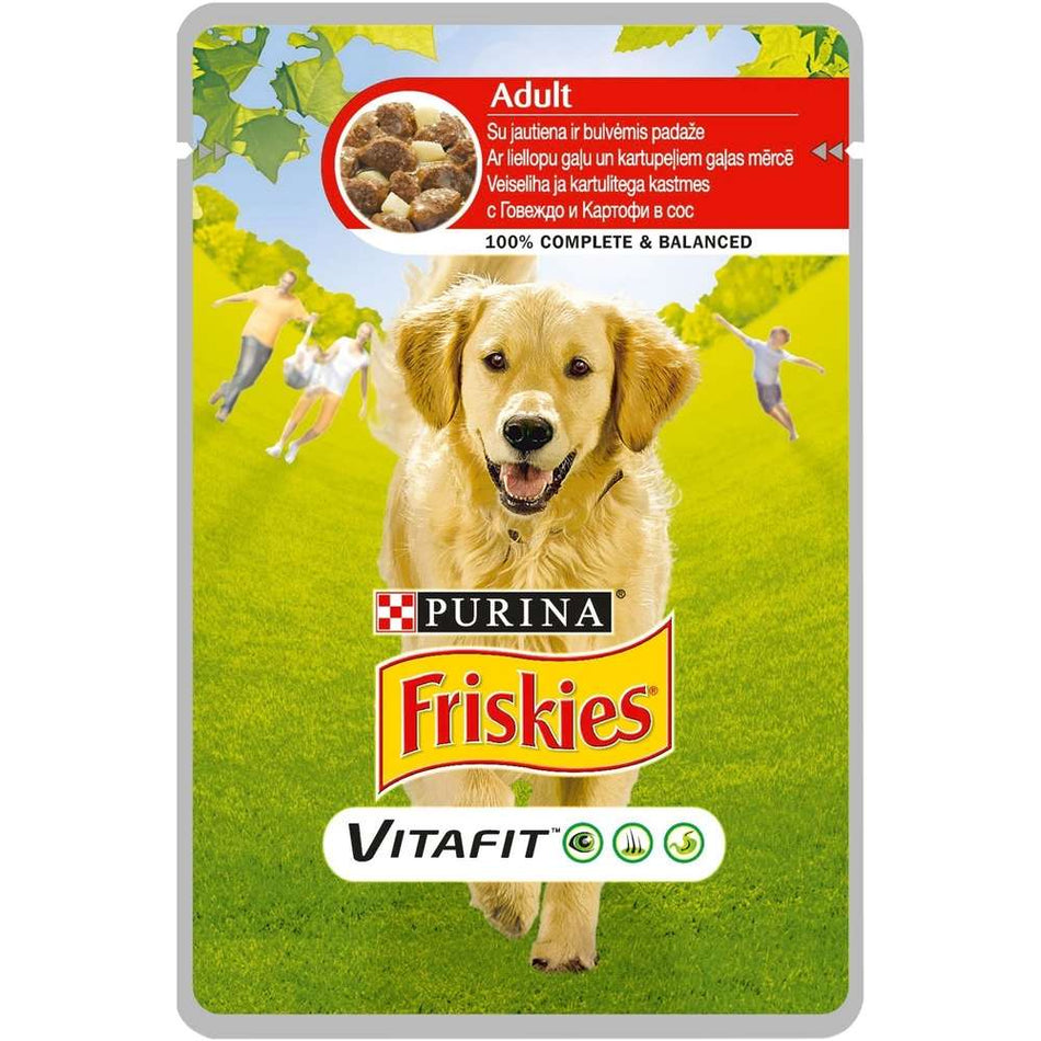 FRISKIES DOG ADULT - ПАУЧ ЗА КУЧЕТА В ЗРЯЛА ВЪЗРАСТ С ГОВЕЖДО И КАРТОФИ 20x100гр.