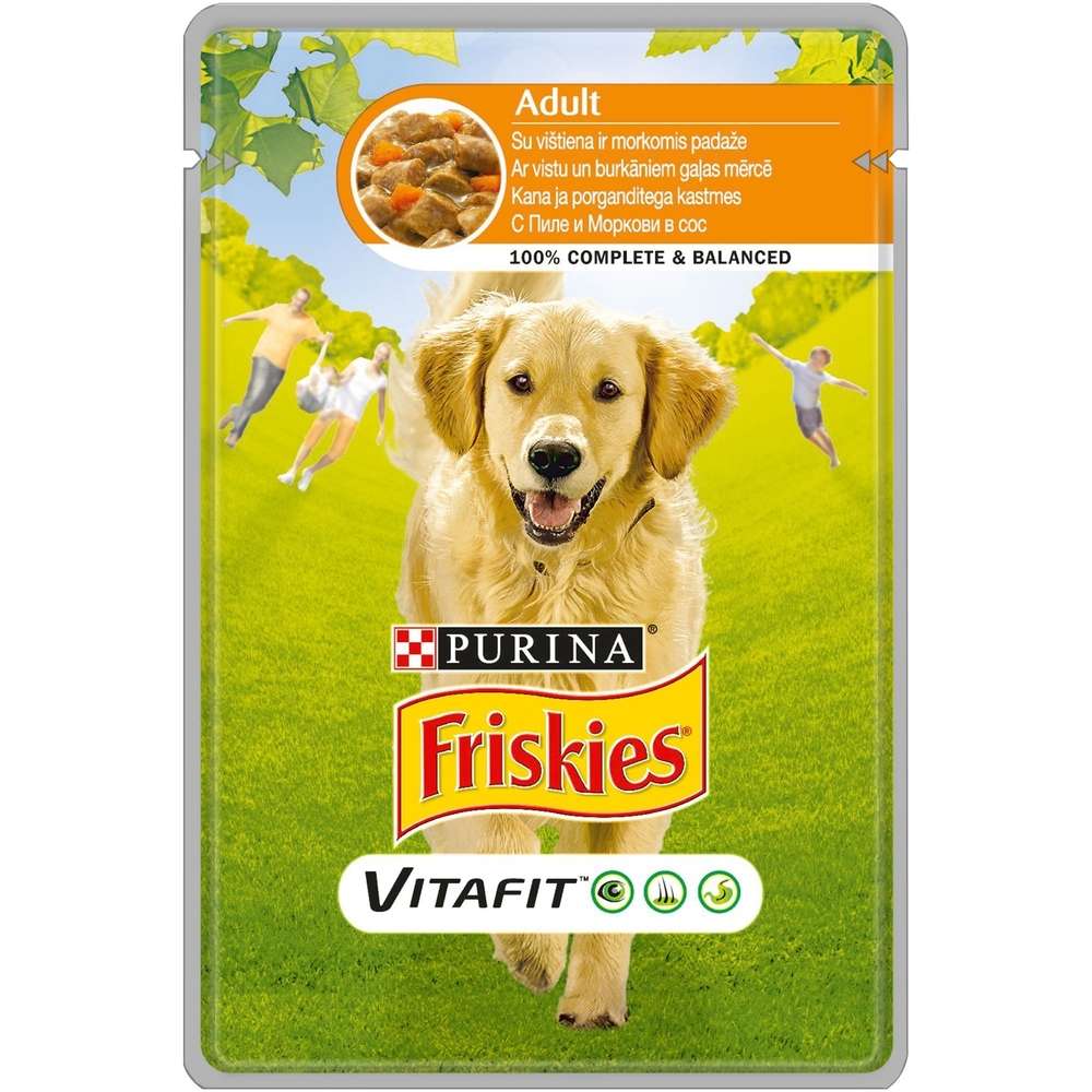 FRISKIES DOG ADULT - ПАУЧ ЗА КУЧЕТА В ЗРЯЛА ВЪЗРАСТ С ПИЛЕ И МОРКОВИ 20x100гр.