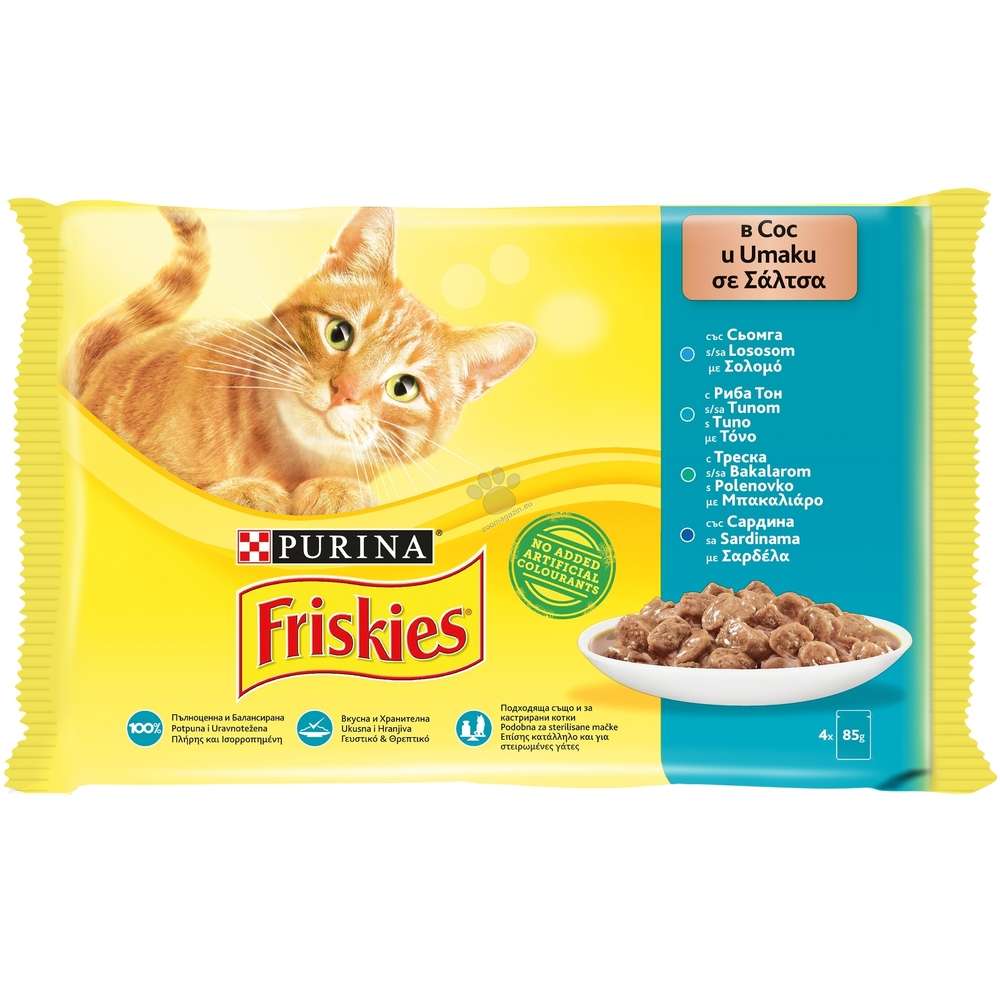 FRISKIES ХАПКИ В СОС СЪС СЬОМГА ТРЕСКА РИБА ТОН САРДИНИ МУЛТИПАК 12х 4 х 85гр
