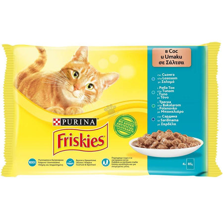 FRISKIES ХАПКИ В СОС СЪС СЬОМГА ТРЕСКА РИБА ТОН САРДИНИ МУЛТИПАК 12х 4 х 85гр