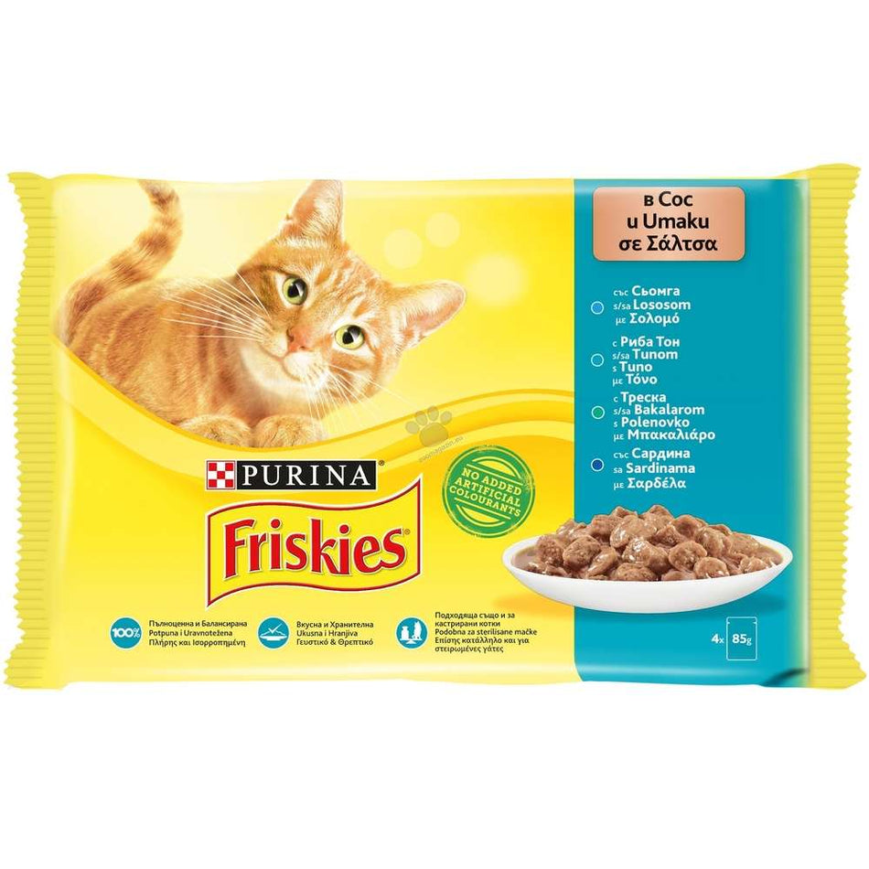 FRISKIES ХАПКИ В СОС СЪС СЬОМГА ТРЕСКА РИБА ТОН САРДИНИ МУЛТИПАК 12х 4 х 85гр