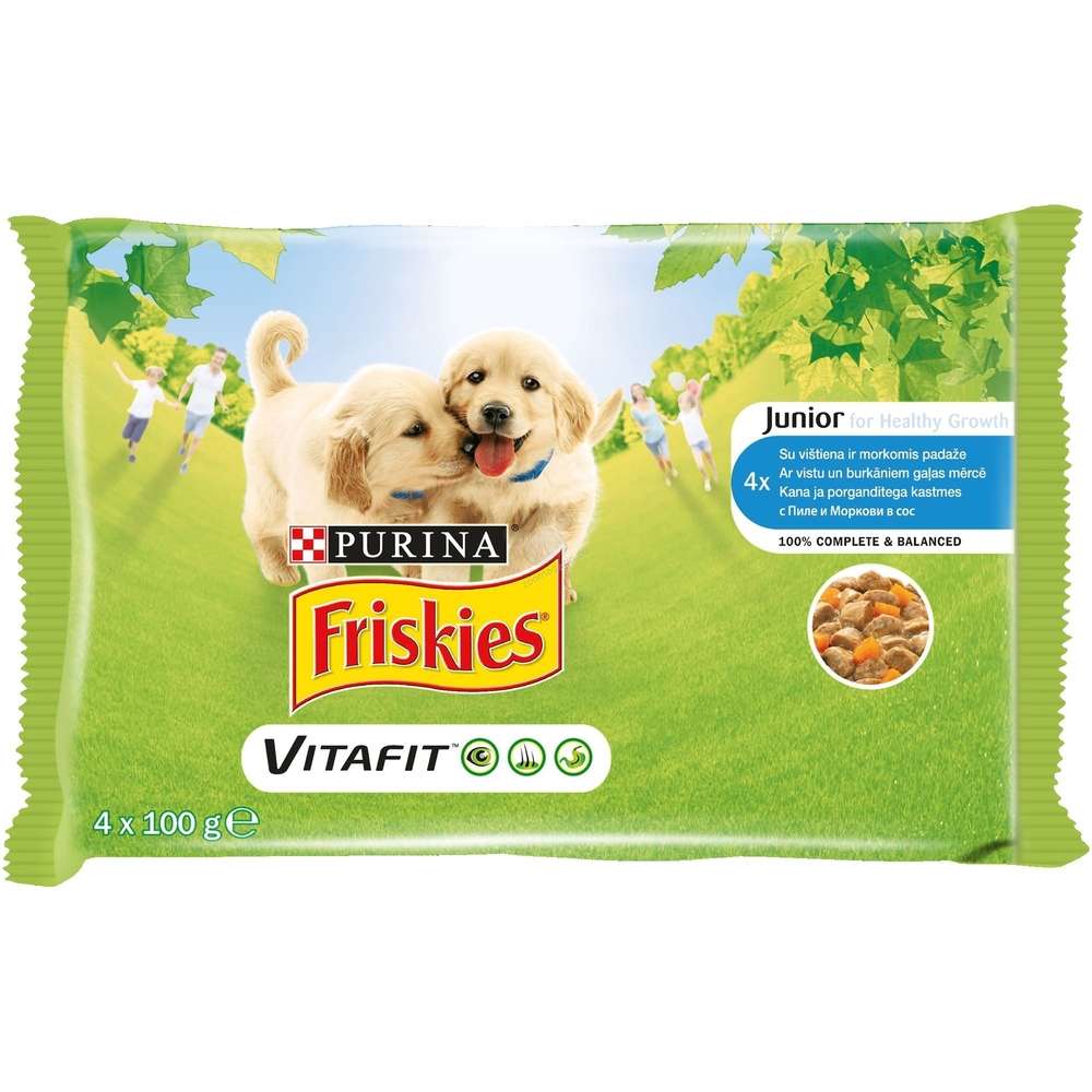 FRISKIES JUNIOR - ПАУЧ С ПИЛЕ И МОРКОВИ ЗА ПОДРАСТВАЩИ КУЧЕНЦА 4x100гр.