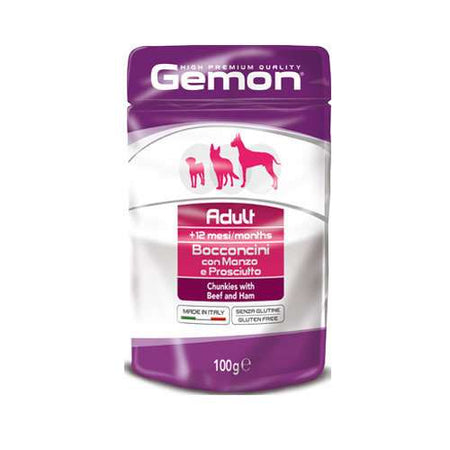 GEMON CHUNKIES ADULT WITH BEEF AND HAM – ПАУЧ С ГОВЕЖДО И ШУНКА, 12x100гр.