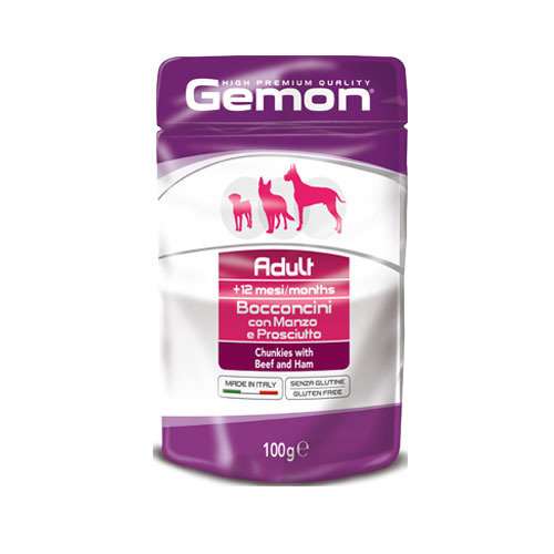 GEMON CHUNKIES ADULT WITH BEEF AND HAM – ПАУЧ С ГОВЕЖДО И ШУНКА, 12x100гр.