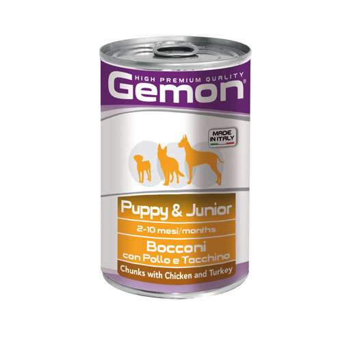 GEMON PUPPY & JUNIOR CHICKEN AND TURKEY – КОНСЕРВА ХАПКИ С ПИЛЕ И ПУЙКА 415гр.