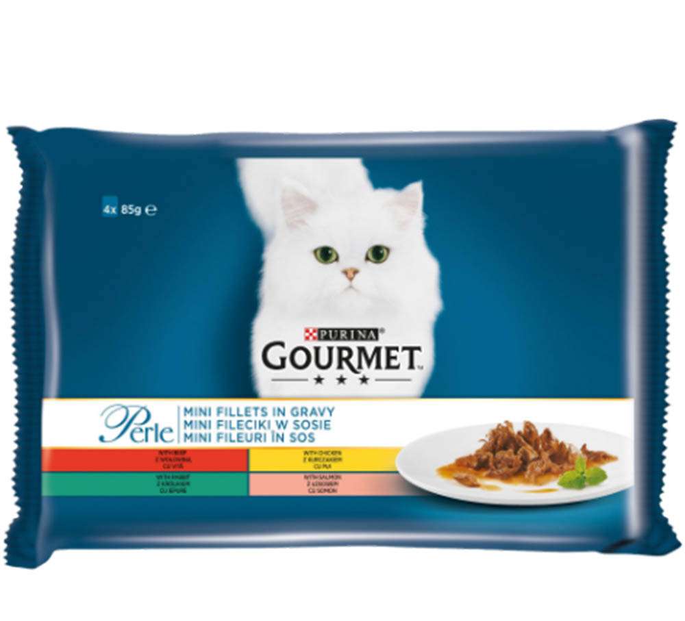 GOURMET PERLE 4 АСОРТИМЕНТА С ПИЛЕ, ГОВЕЖДО, ЗАЕК И СЬОМГА 4 x 85 гр