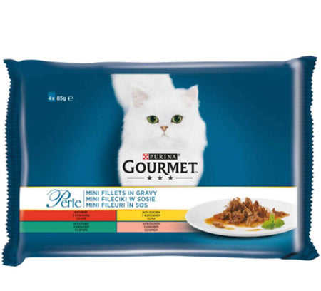 GOURMET PERLE 4 АСОРТИМЕНТА С ПИЛЕ, ГОВЕЖДО, ЗАЕК И СЬОМГА 4 x 85 гр