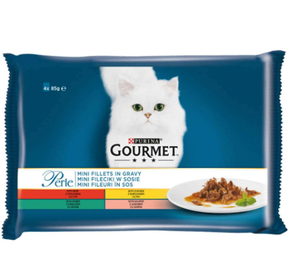 GOURMET PERLE 4 АСОРТИМЕНТА С ПИЛЕ, ГОВЕЖДО, ЗАЕК И СЬОМГА 4 x 85 гр