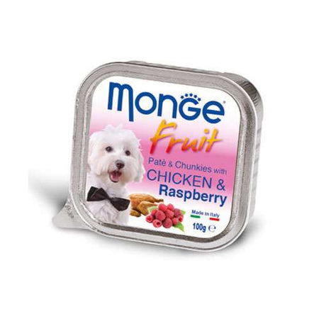 MONGE FRUIT PATÉ & CHUNKIES CHICKEN & RASPBERRY – ПАСТЕТ И ХАПКИ С ПИЛЕ И МАЛИНИ 100гр.