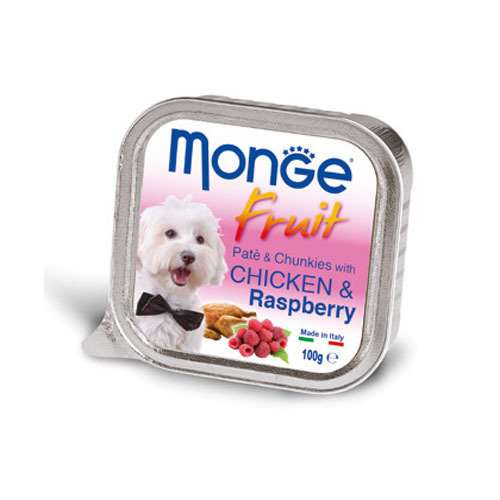 MONGE FRUIT PATÉ & CHUNKIES CHICKEN & RASPBERRY – ПАСТЕТ И ХАПКИ С ПИЛЕ И МАЛИНИ 100гр.