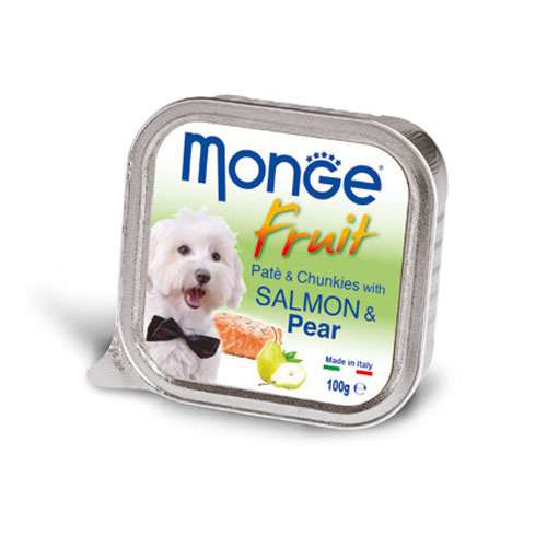 MONGE FRUIT PATÉ & CHUNKIES SALMON & PEAR – ПАСТЕТ И ХАПКИ СЪС СЬОМГА И КРУШИ 100гр.