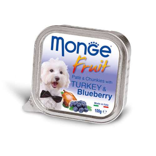 MONGE FRUIT PATÉ & CHUNKIES TURKEY & BLUEBERRY – ПАСТЕТ И ХАПНКИ С ПУЙКА И БОРОВИНКИ 100гр.