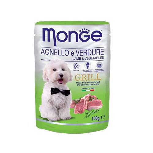 MONGE GRILL CHUNKIES LAMB & VEGETABLES – ПАУЧ ХАПКИ НА ГРИЛ С АГНЕШКО И ЗЕЛЕНЧУЦИ 100гр.