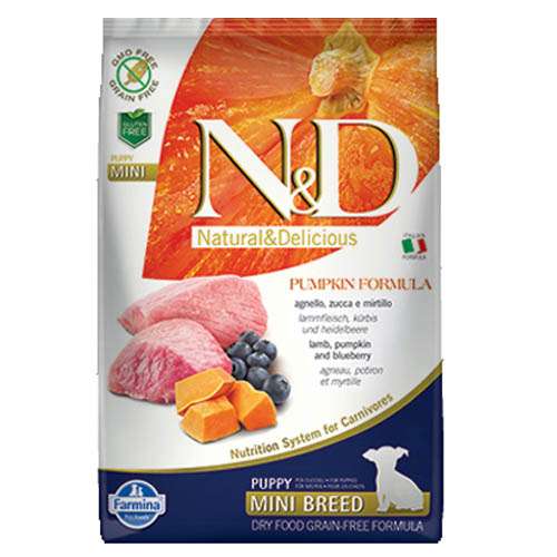 N&D MINI PUPPY LAMB, PUMPKIN, BLUEBERRY - С АГНЕШКО, ТИКВА И БОРОВИНКИ 0.800 гр.