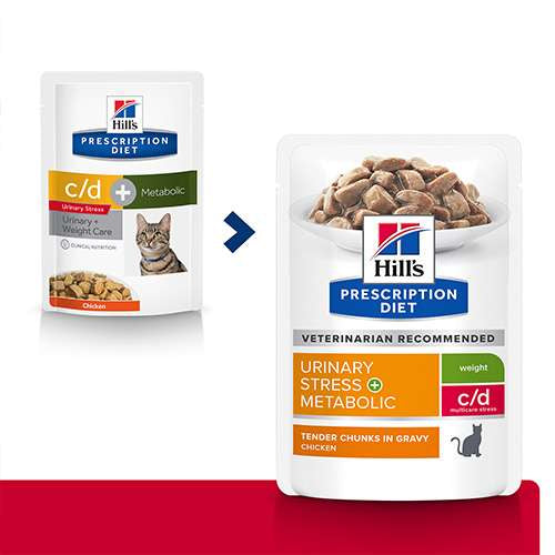 HILLS PD FELINE C/D URINARY STRESS METABOLIC ПАУЧ С ПИЛЕ 85гр - за наднормено тегло и профилактика на уринарния тракт