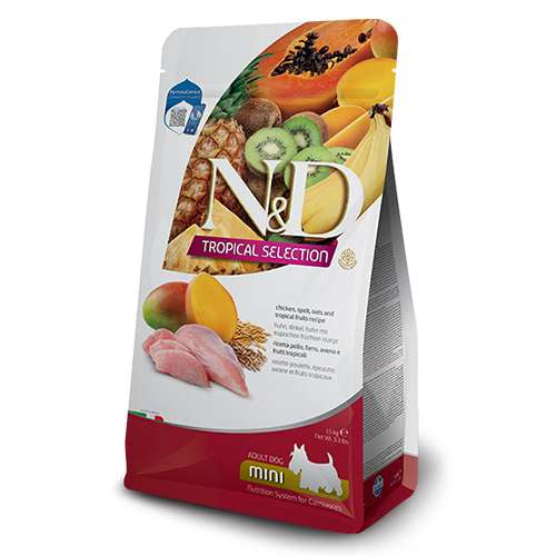 N&D TROPICAL DOG ADULT MINI CHICKEN & TROPICAL FRUITS – С ПИЛЕШКО, СПЕЛТА И ТРОПИЧЕСКИ ПЛОДОВЕ