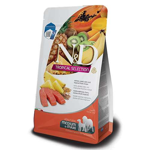 N&D TROPICAL SELECTION DOG ADULT MEDIUM & MAXI SALMON & TROPICAL FRUITS –  СЪС СЬОМГА, СПЕЛТА И ТРОПИЧЕСКИ ПЛОДОВЕ
