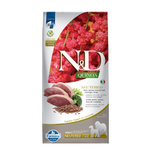 N&D DOG QUINOA NEUTERED DUCK BROC.&ASPAR. ADULT MED & MAXI 12KG