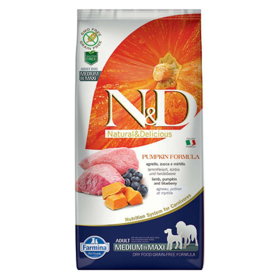 N&D MEDIUM & MAXI ADULT LAMB, PUMPKIN, BLUEBERRY - ХРАНА ЗА КУЧЕТА С АГНЕШКО, ТИКВА И БОРОВИНКИ 12 КГ