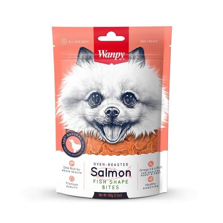 WANPY SALMON FISH SHAPE BITES 100гр. - ПРЕМИУМ КЛАС ХАПКИ СЪС СЬОМГА ПЕЧЕНА НА ФУРНА